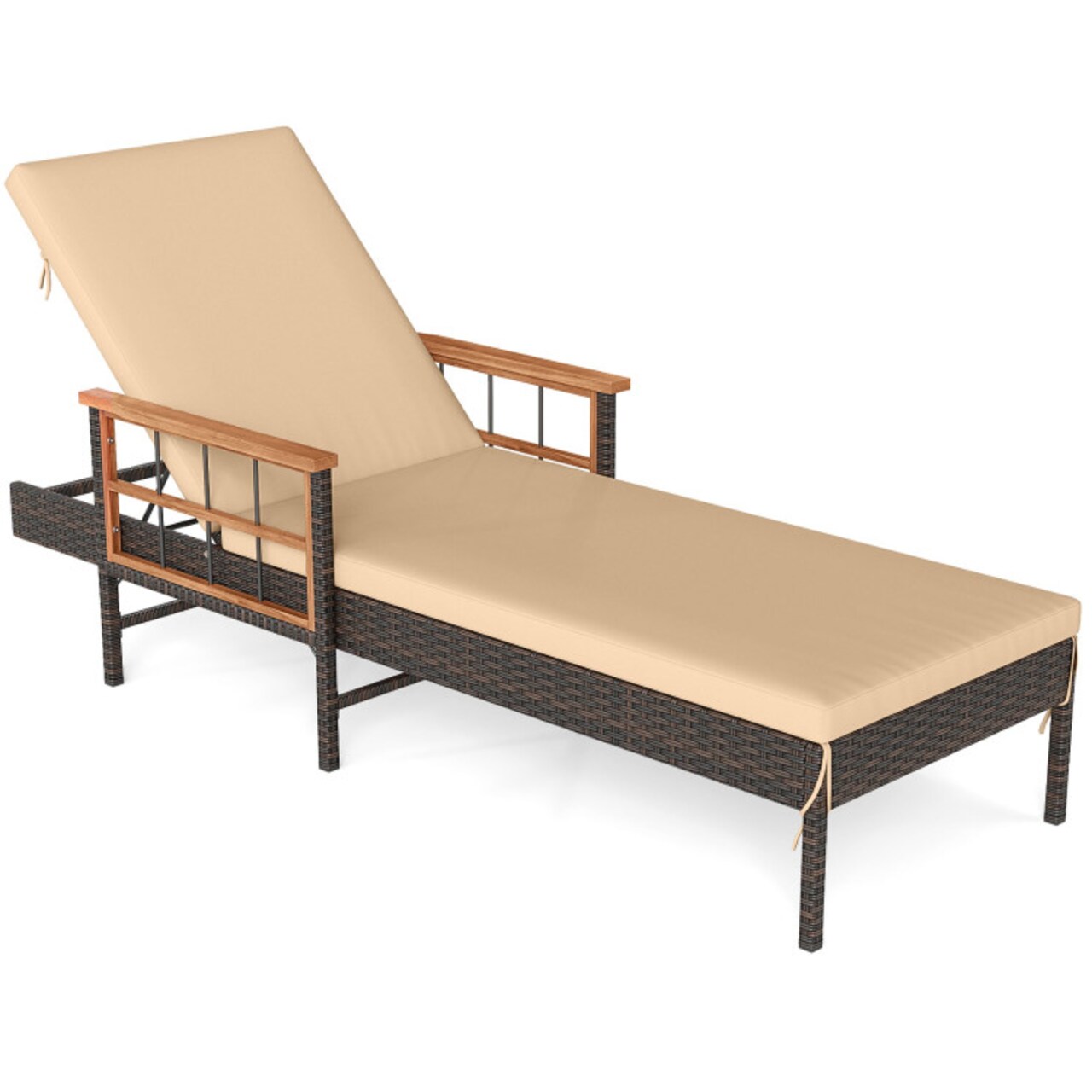 Outdoor Chaise Lounge with Cushions, Adjustable Reclining Back, PE Rattan, Brown